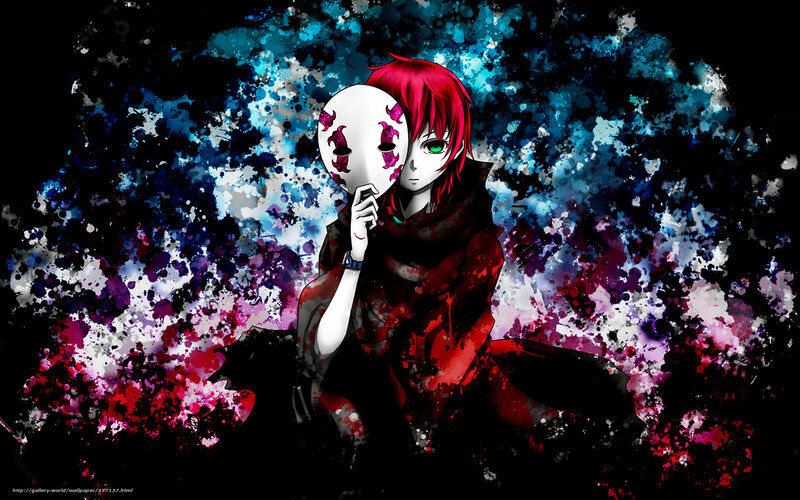 Red-haired Anime Character — Black, Dramatic, Digital Art, Mask, Splatter Background, Green Eyes