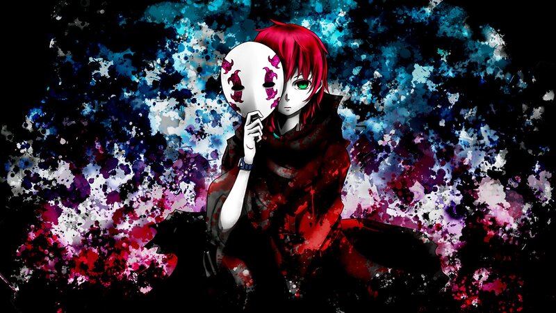 Red-haired Anime Character — Black, Dramatic, Digital Art, Mask, Splatter Background