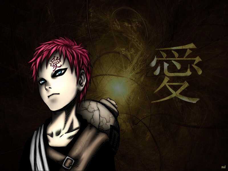 Red-haired Anime Character — Black, Dramatic, Kanji Symbol