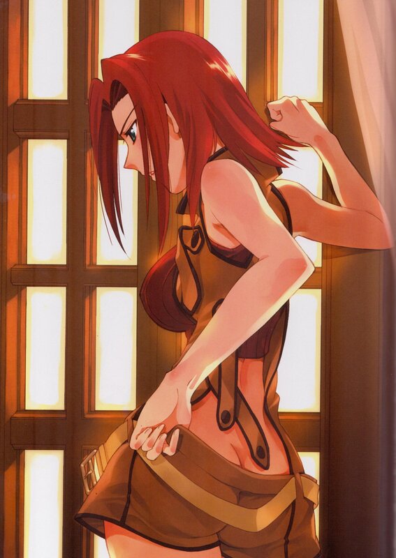Red-haired anime character by window