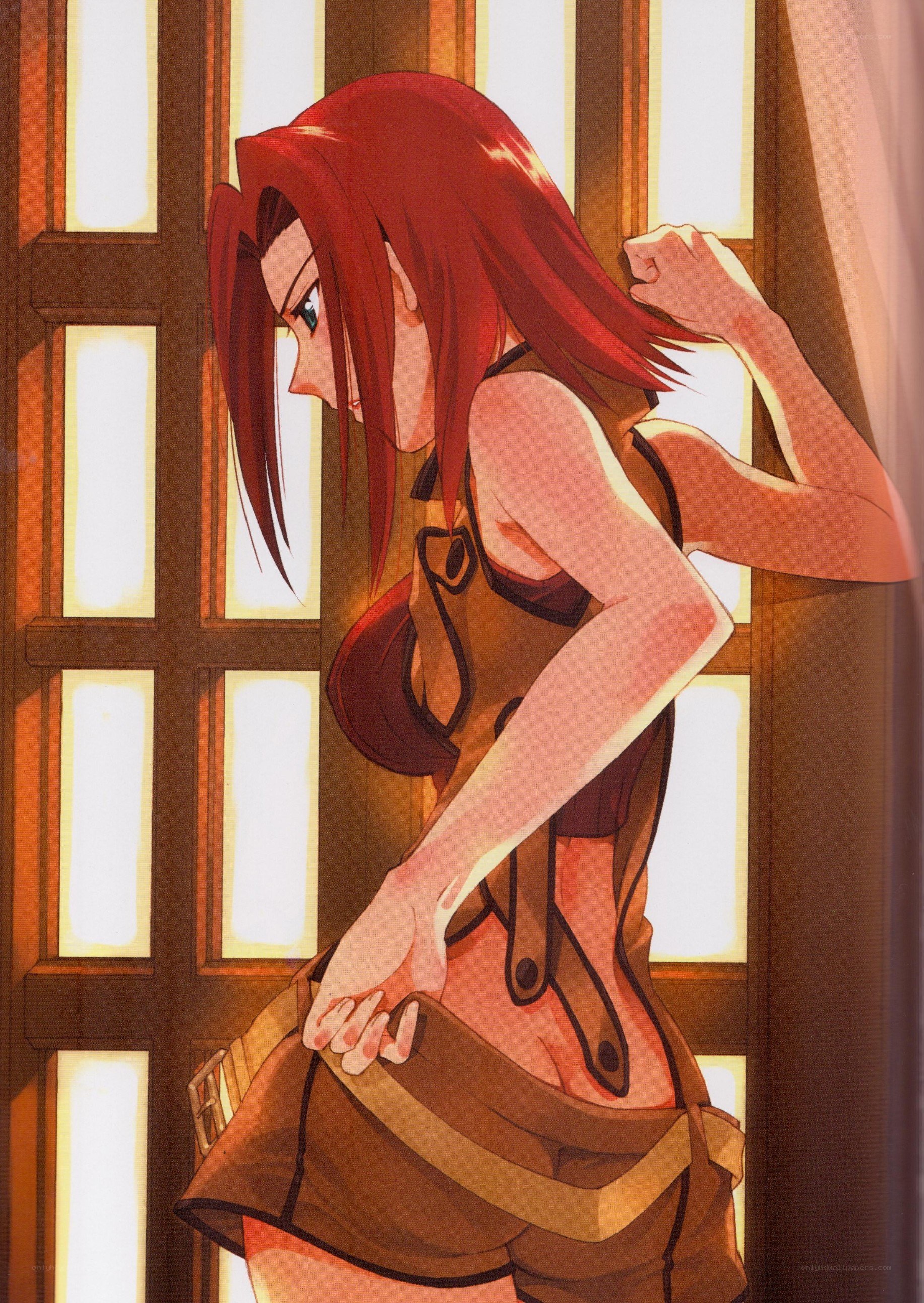 Red-haired anime character by window