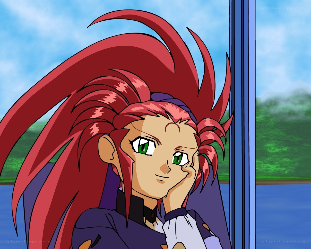 red-haired anime character by window