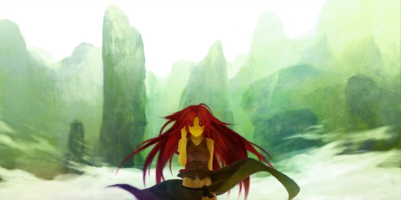 Red-haired Anime Character — Green, Serene, Mountains
