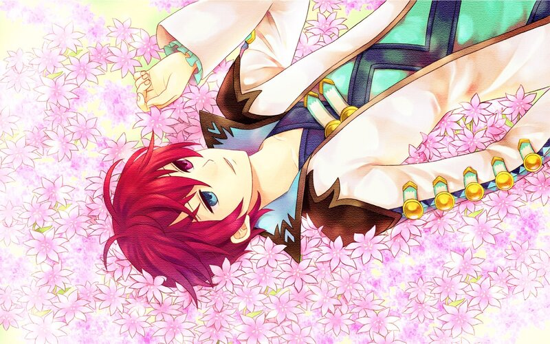 red-haired anime character in cherry blossoms