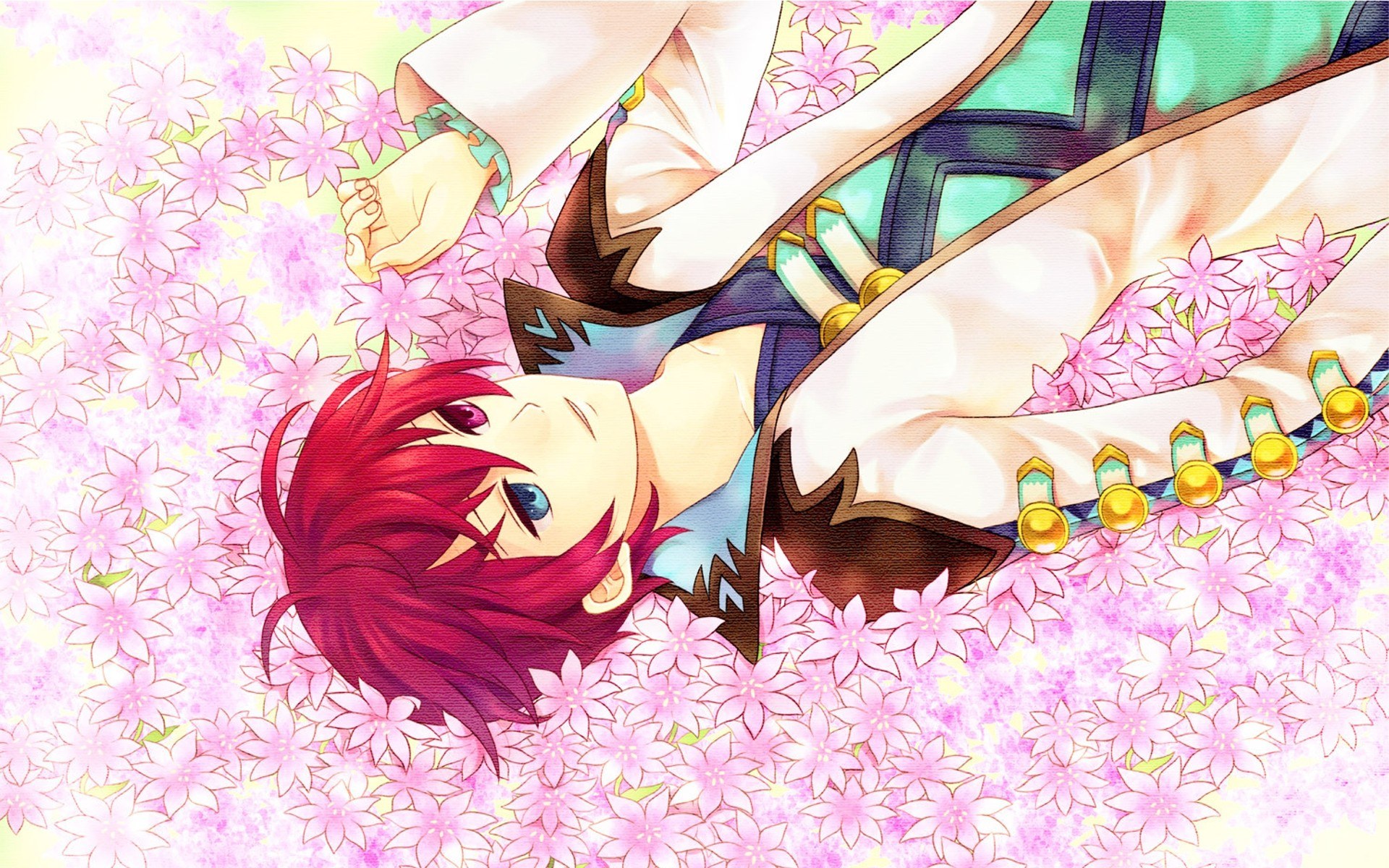 red-haired anime character in cherry blossoms