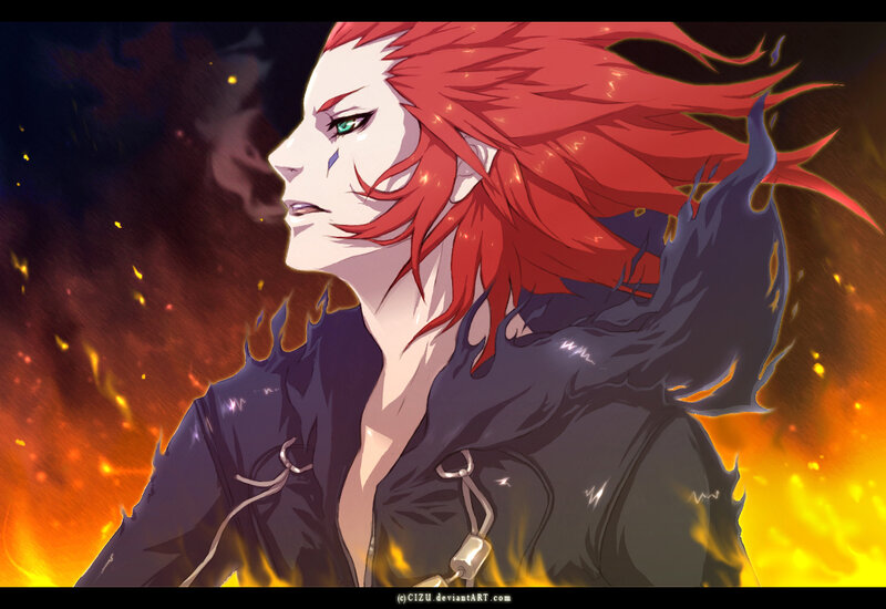 red-haired anime character in fire