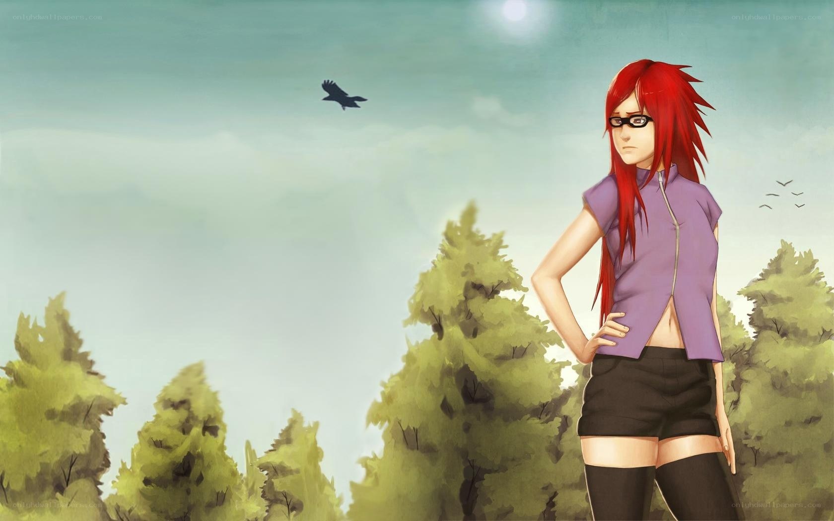 red-haired anime character in forest