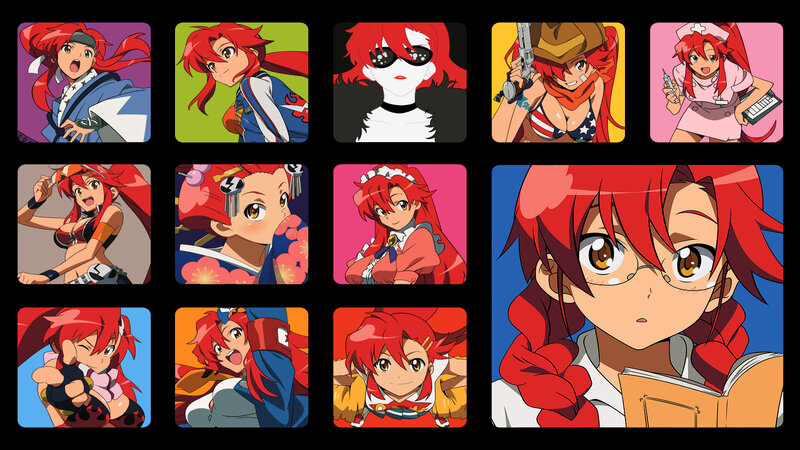 Red-haired anime character in various outfits