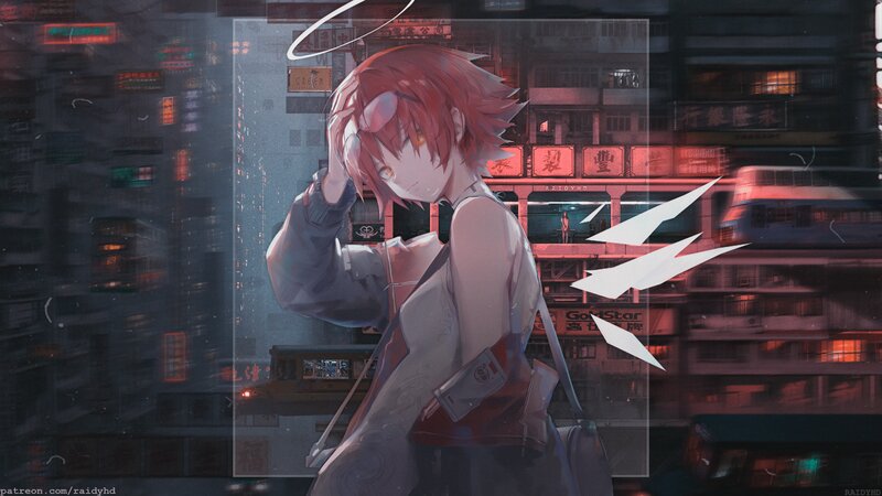 Red-haired Anime Character — Pink, Dramatic, Night