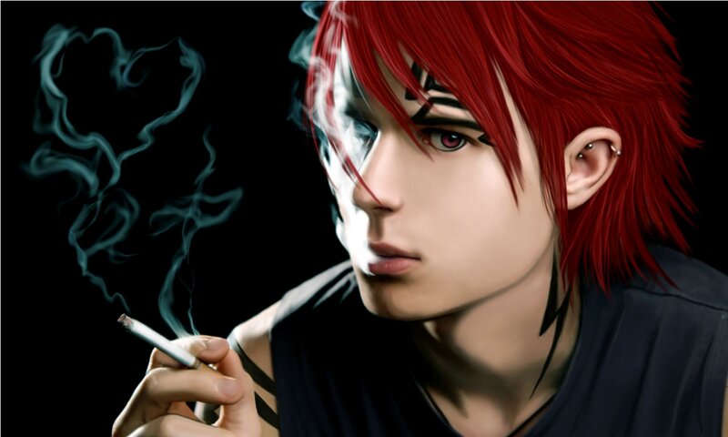 Red-haired Anime Character — Red, Dramatic, Digital Art, Cigarette