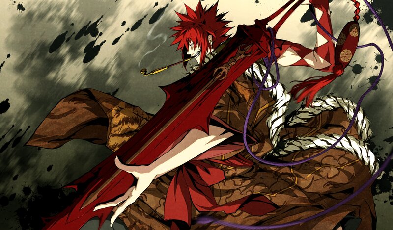 Red-haired Anime Character — Red, Dramatic, Manga, Sword, Pipe, Tiger-skin Cloak