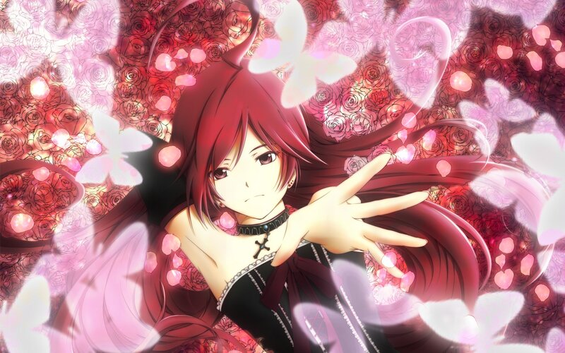 Red-haired Anime Character — Red, Dramatic, Roses, Butterflies