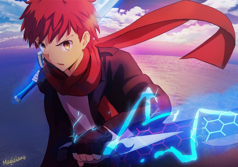 Red-haired Anime Character — Red, Dramatic, Sunset, Sword, Scarf
