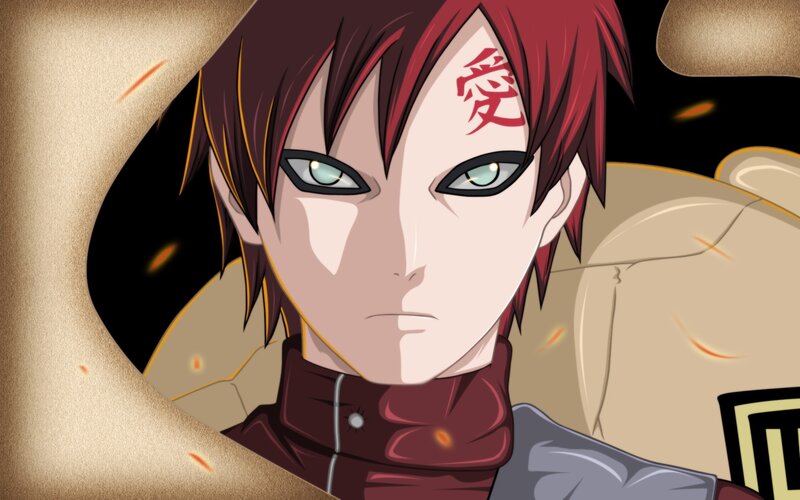 Red-haired Anime Character — Red, Serious, Forehead Symbol, Green Eyes