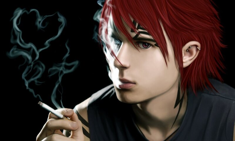 red-haired anime character smoking