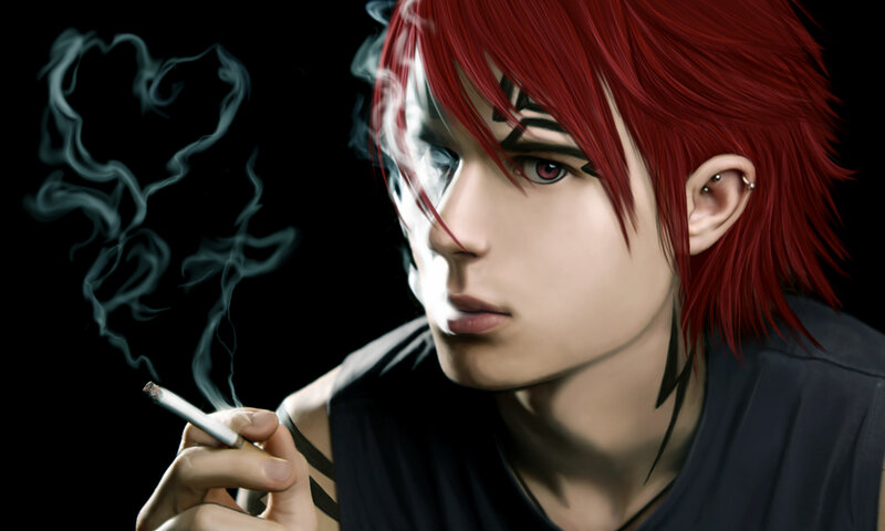 red-haired anime character smoking
