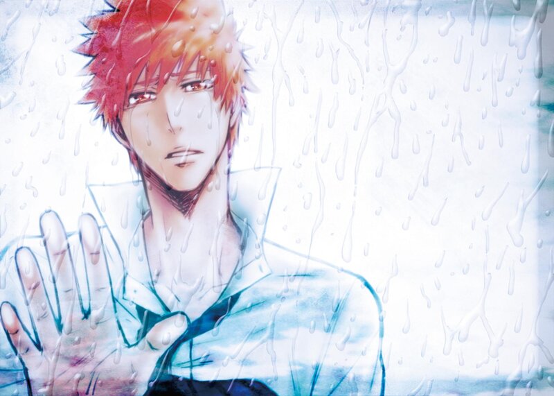 Red-haired Anime Character — White, Dramatic, Rain