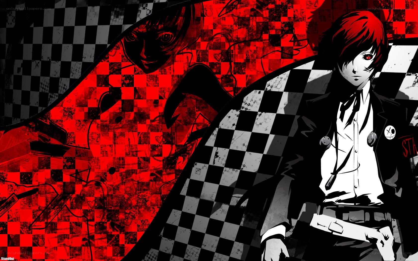 Red-haired anime character with checkered background