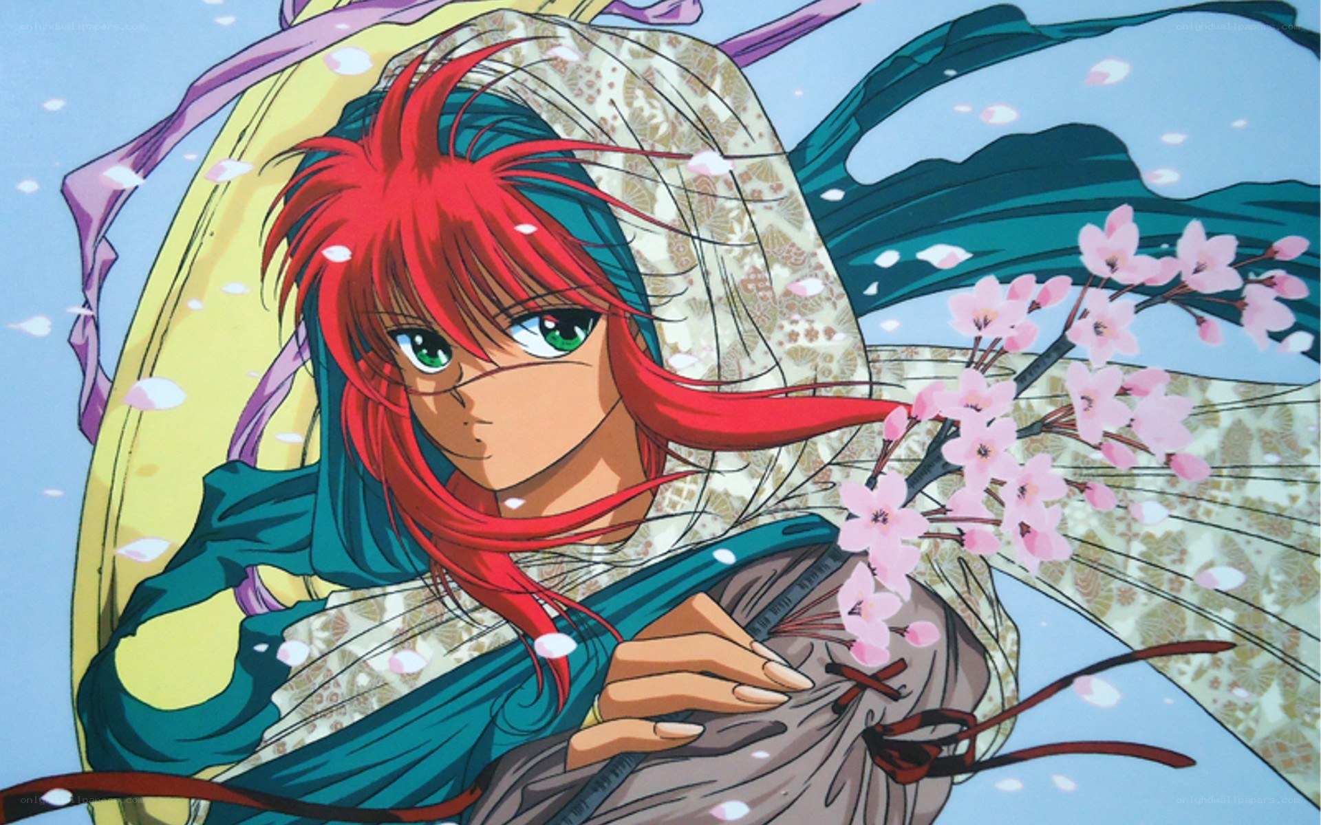 red-haired anime character with cherry blossoms