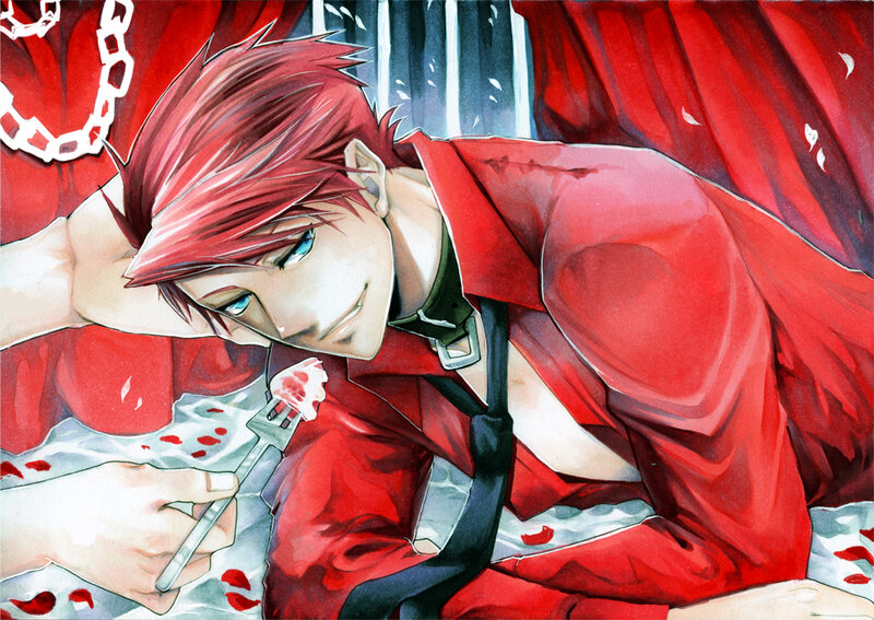 Red-haired anime character with fork