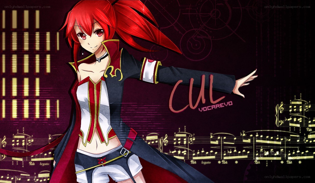 Red-haired anime character with music notes