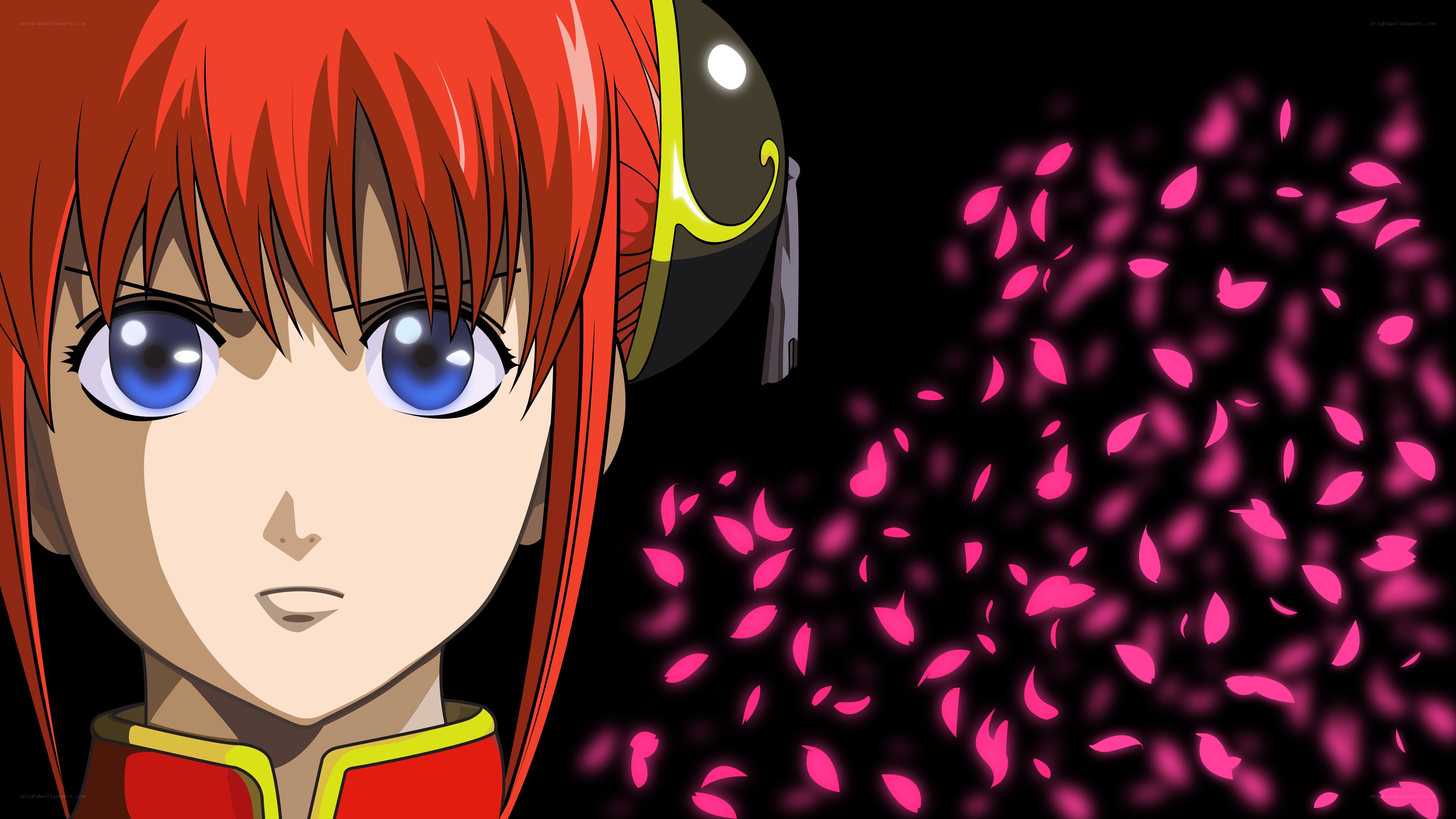 red-haired anime character with pink petals