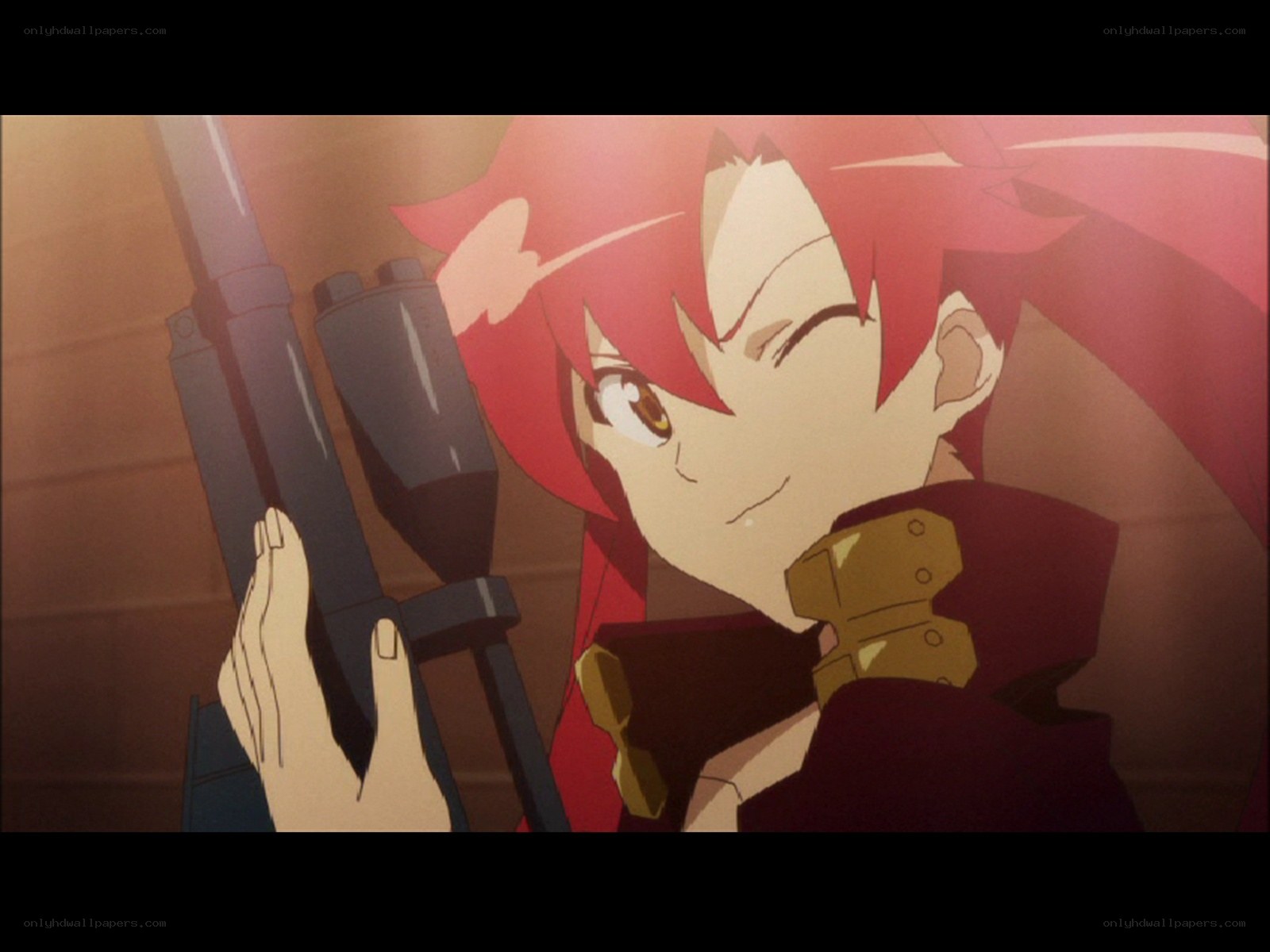 red-haired anime character with rifle