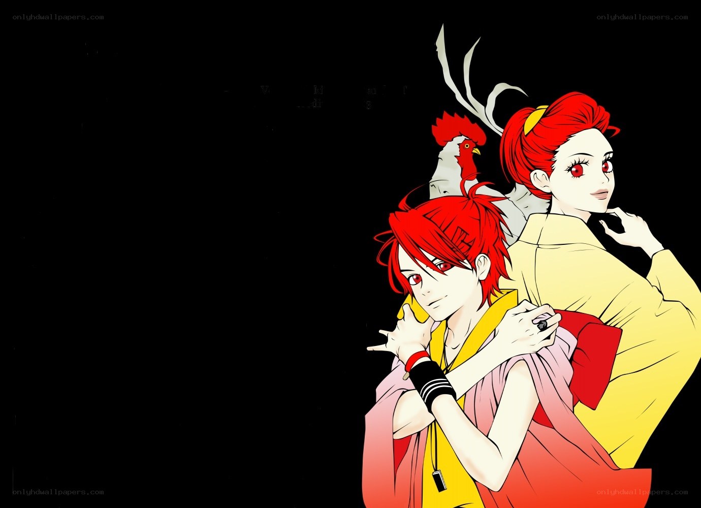 red-haired anime characters with chicken