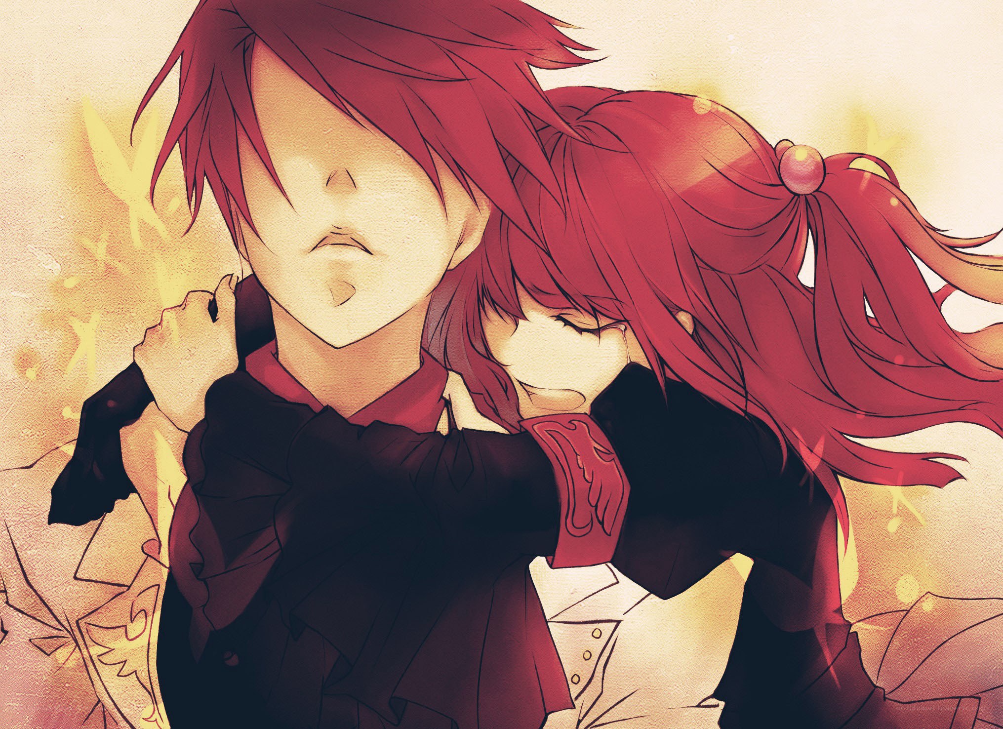 red-haired anime couple embrace