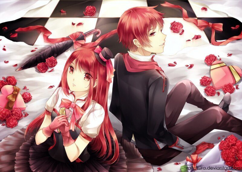 Red-haired Anime Couple — Red, Romantic, Roses
