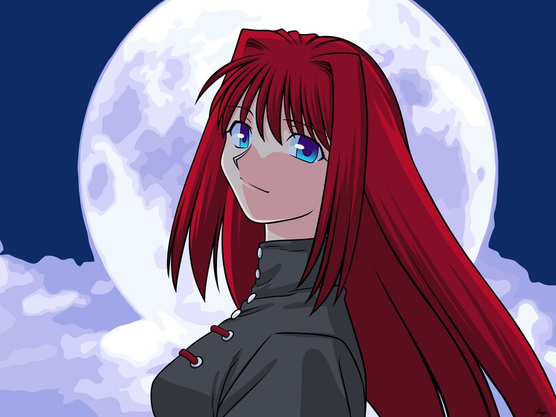 red-haired anime girl at night