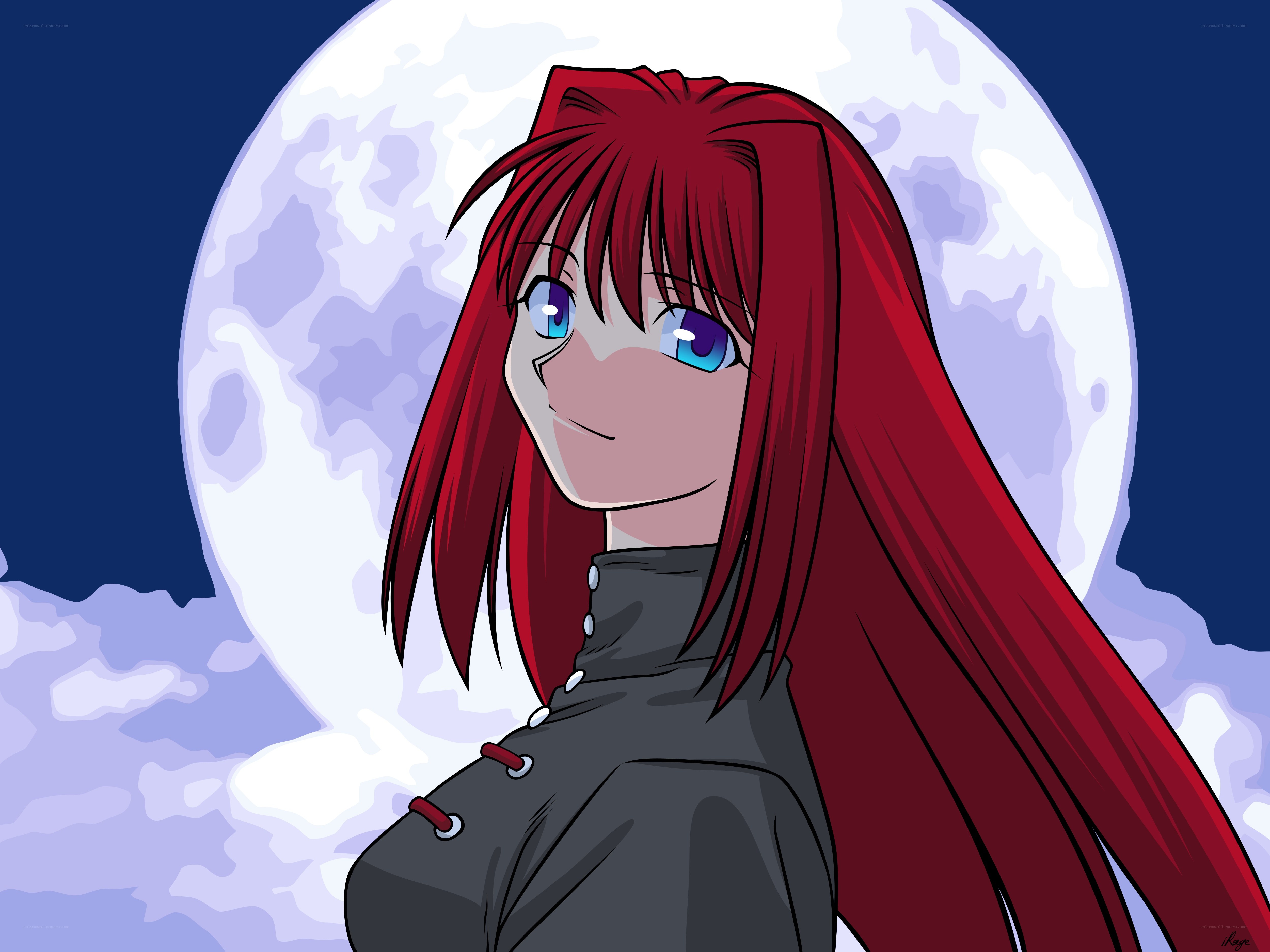 red-haired anime girl at night