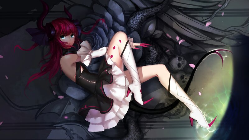 Red-haired Anime Girl — Black, Dramatic, Digital Art, Skulls