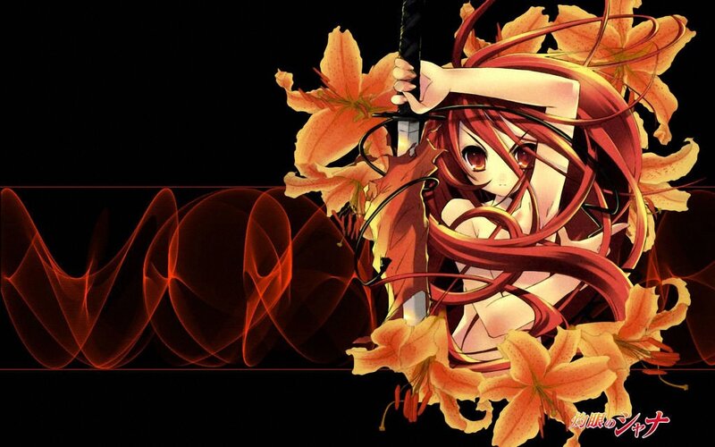 Red-haired Anime Girl — Black, Dramatic, Sword, Flowers
