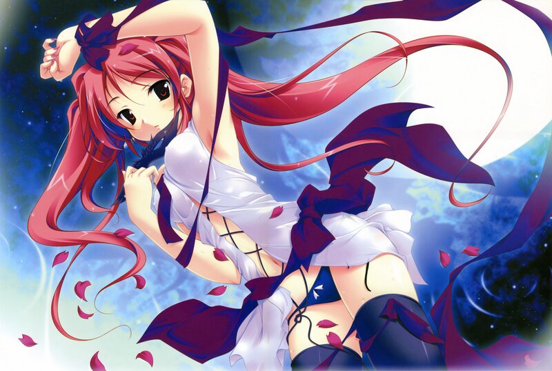Red-haired Anime Girl — Blue, Dramatic, Night, Long Hair, Ribbon