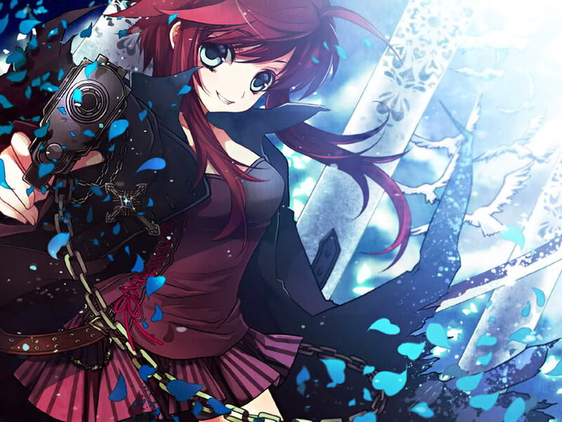 Red-haired Anime Girl — Blue, Dramatic, Sword