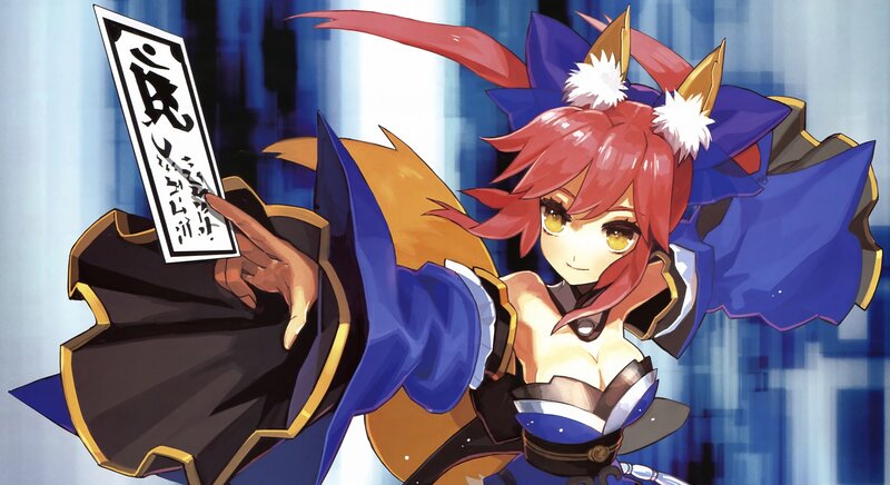 Red-haired Anime Girl — Blue, Playful, Paper Scroll