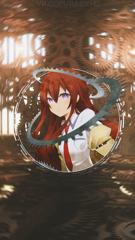 Red-haired Anime Girl — Brown, Dramatic, Gears, Mechanical Background