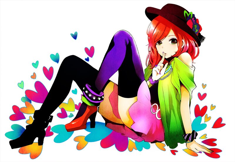 Red-haired Anime Girl — Green, Playful, Hat