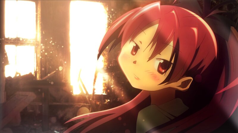 red-haired anime girl in a burning room