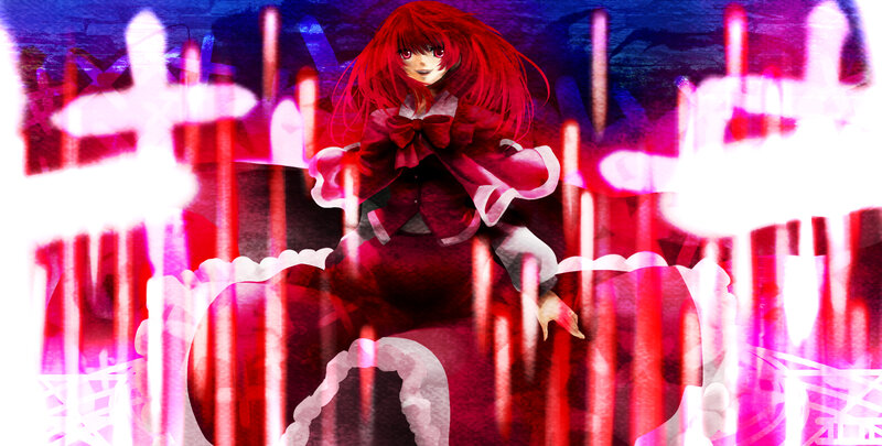 red-haired anime girl in a dark setting
