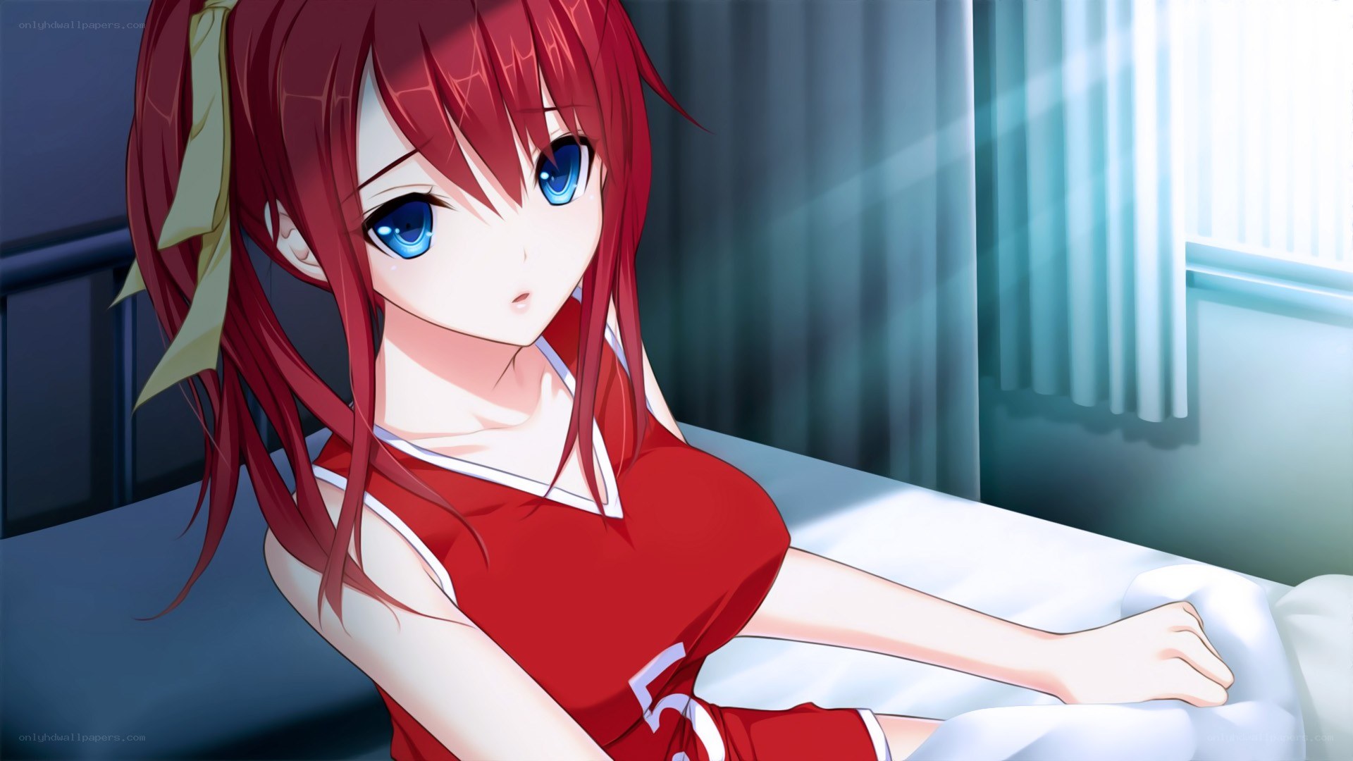 red-haired anime girl in bed