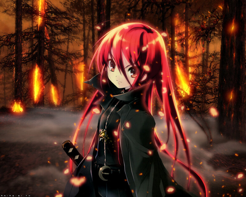 Red-haired anime girl in burning forest