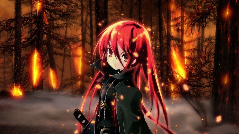 Red-haired anime girl in burning forest