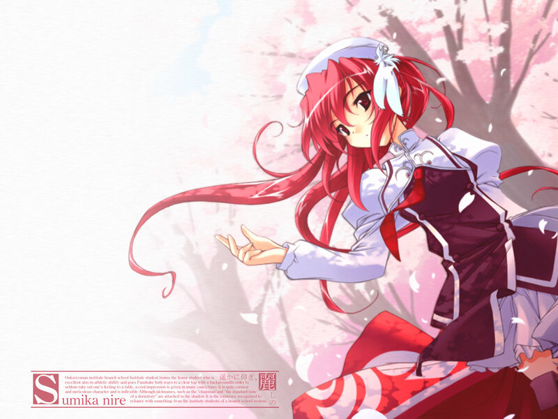 Red-haired anime girl in cherry blossom