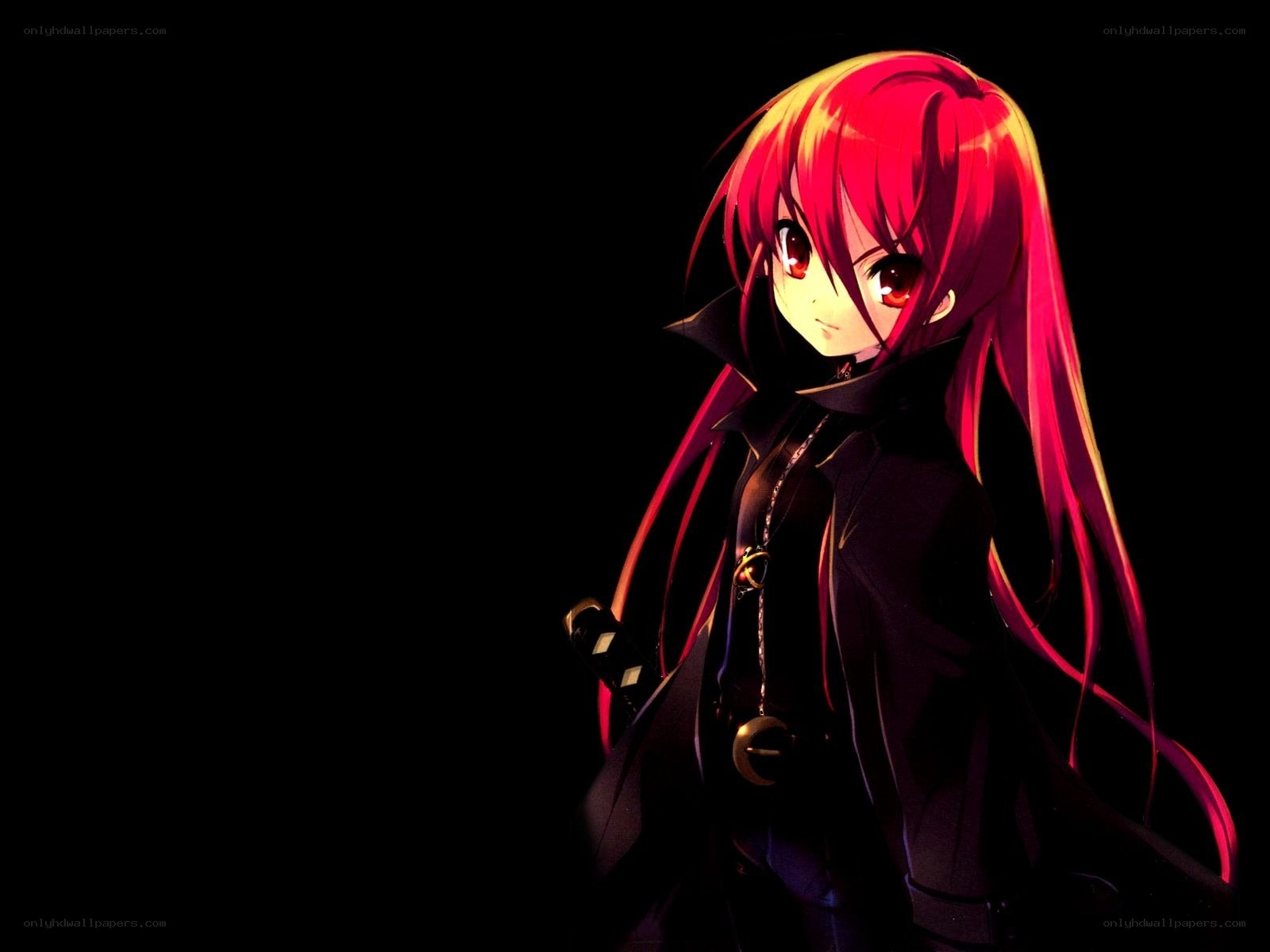 red-haired anime girl in dark coat