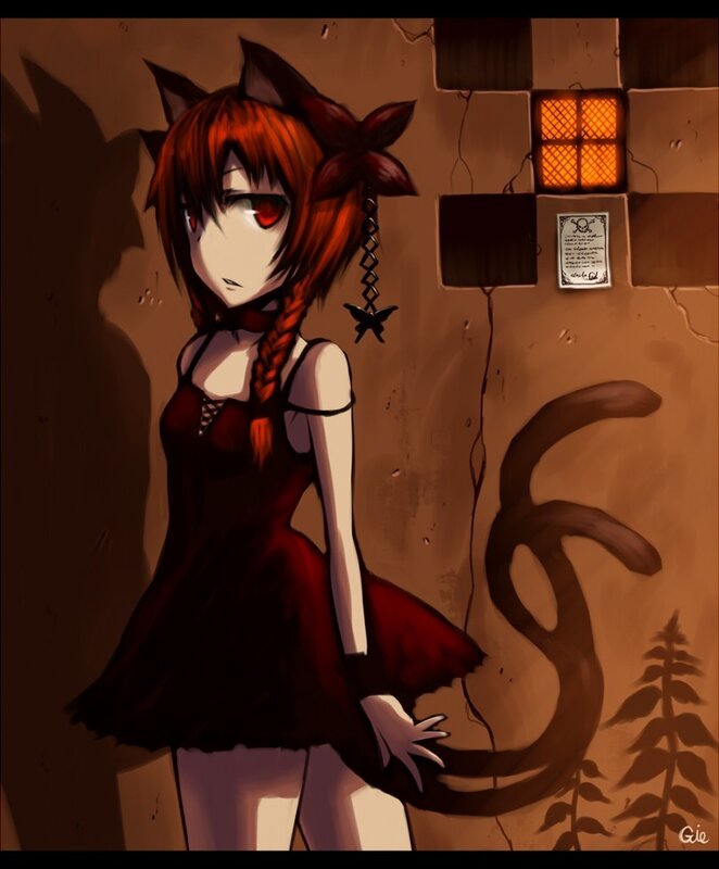 red-haired anime girl in dark room