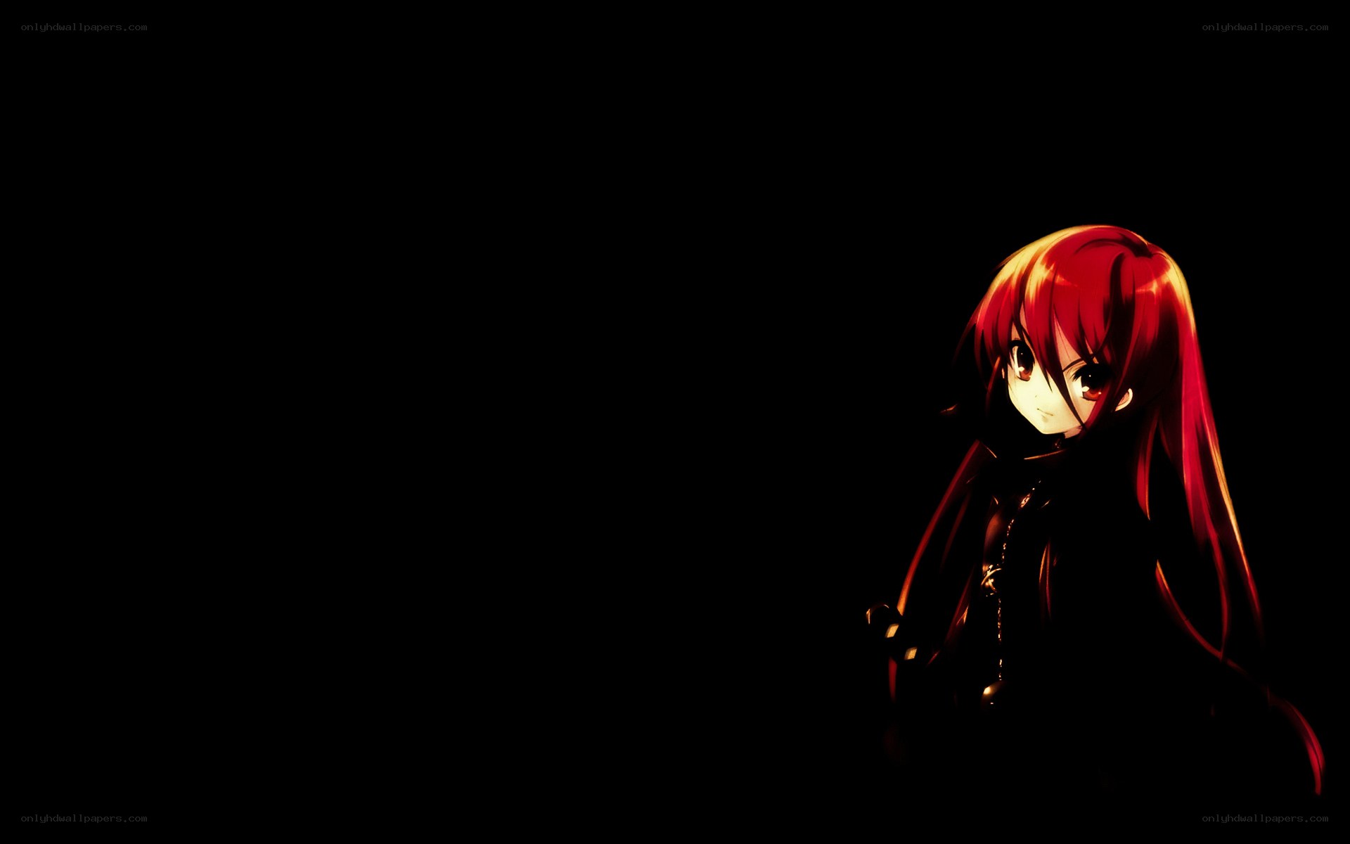 red-haired anime girl in darkness