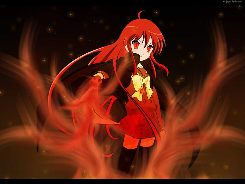 red-haired anime girl in fire