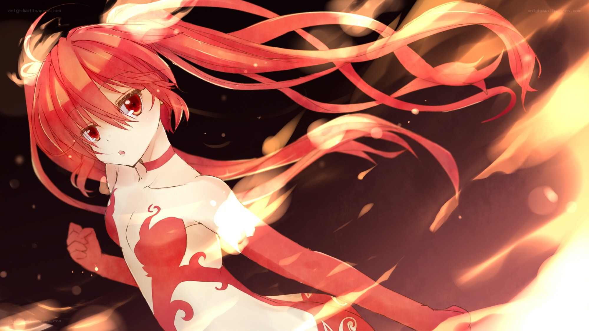 red-haired anime girl in fire